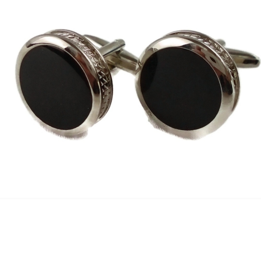 Silver Toned Onyx Cuff Links Embellished Edges Men